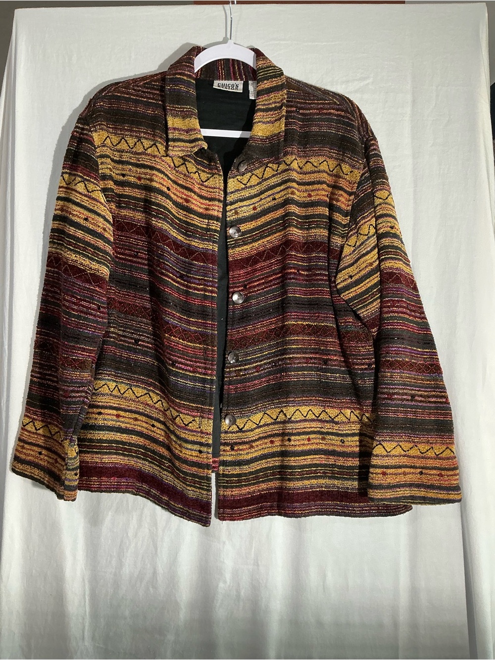 Chico's Multicolor Striped Button-Front Utility Jacket - Yellow, Burgundy, Brown